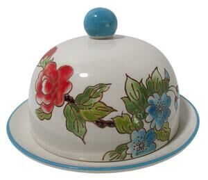 Dutch Wax Domed Ceramic Blue & Red Hand Painted Floral Butter / Cheese Dish